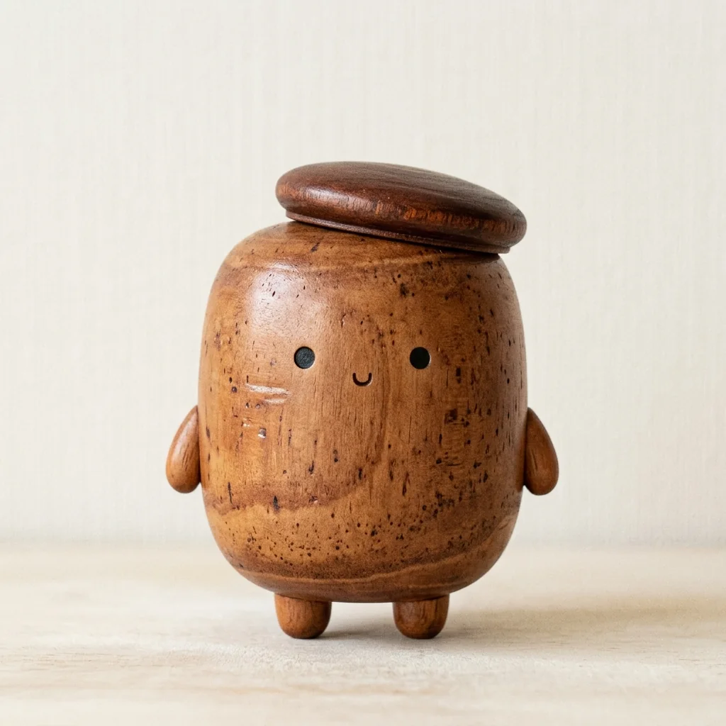 コロンとした円筒形の樺細工（桜皮）の小さな茶筒ボディ。上蓋が小さなベレー帽のように斜めにちょこんと乗り、短い手足でちょこちょこ歩く。ぱちくりとした丸い目と、控えめなお口