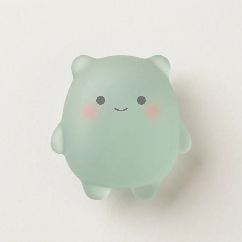 波にもまれて角がすっかり丸くなった、ぽってりとした淡い青緑色（ペールセラドン）のすりガラスボディ。頭の左右に小さな丸い耳のような突起があり、短くて丸い手足がある。うるっとしたつぶらな瞳と、ほわんとした優しい口元