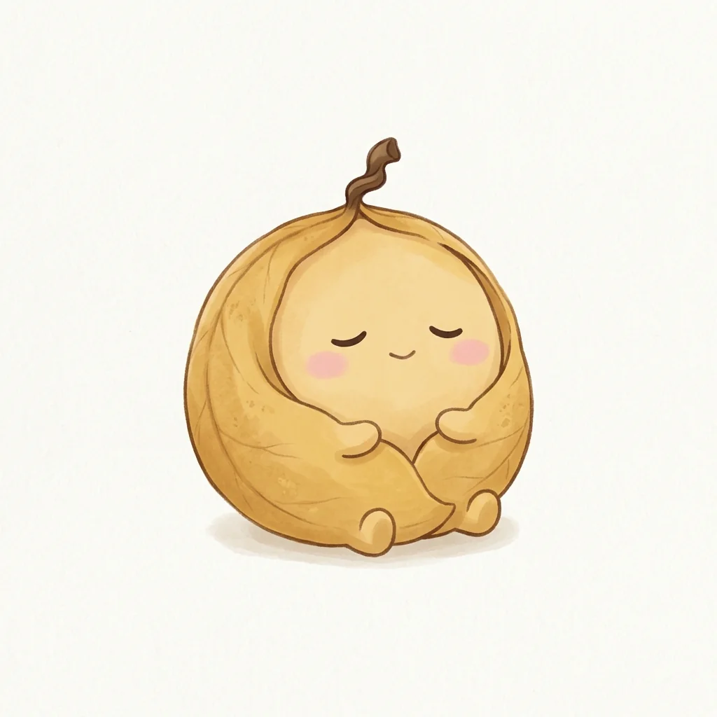 ぽってりと丸くカールした淡い黄土色の落ち葉ボディ。頭の上に小さな葉柄（軸）がちょこんと立ち、短くて丸い手足がある。すやすやと眠たげな細い目と、小さなくりっとした鼻先
