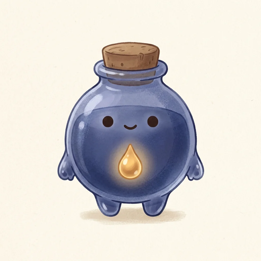 丸っこくぽってりとした半透明の藍色ガラスの瓶ボディ。頭の上に小さな丸いコルクの帽子をちょこんと被り、短い小さな手足でよちよち歩く。つぶらな丸い目と小さなおちょぼ口。透き通るお腹の中に、金色の光の粒が一滴だけゆらゆら浮かんでいる