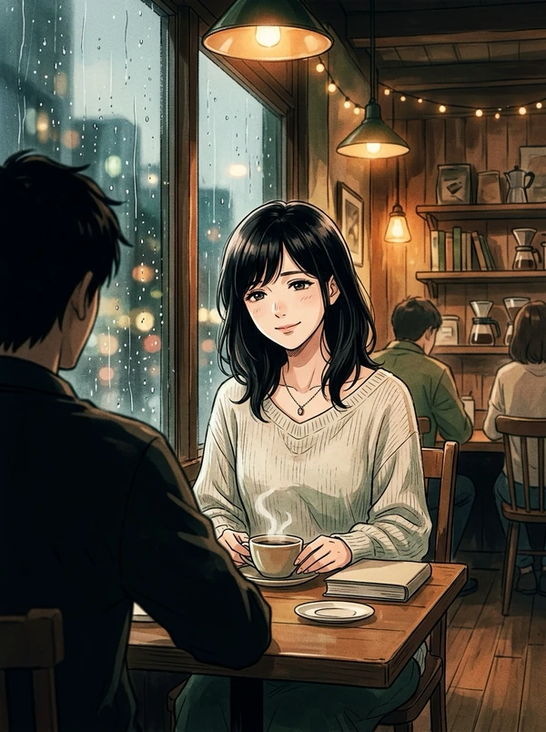 雨粒の流れる大きな窓のそばのカフェの席。黒髪の女性が白いセーター姿で湯気の立つカップを両手に持ち、微笑んでいる。手前にはこちらに背を向けて座る黒髪の男性の肩。天井から暖色のランプ、奥に本棚と別の客。