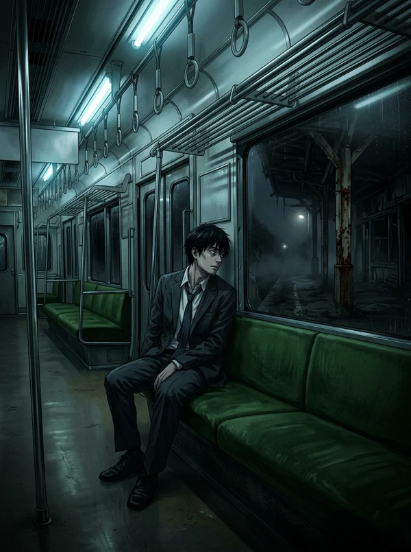 蛍光灯の青白い光に照らされた夜の電車の車内。緑色の座席に、ネクタイを緩めたスーツの黒髪の男性が一人だけ座り、窓の外を横目で見ている。窓の向こうには朽ちかけた薄暗いホームと、ぽつんと一つの灯り。