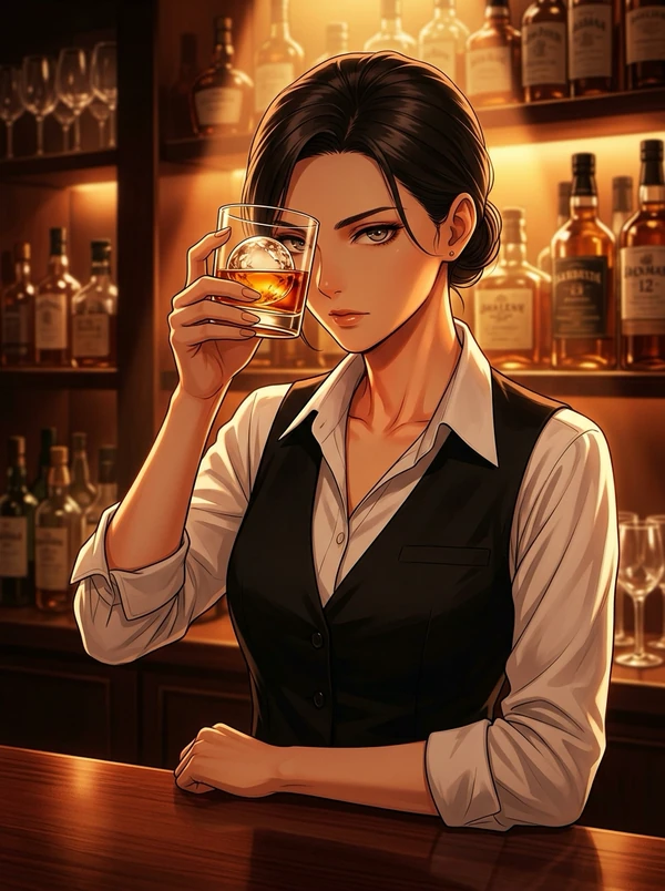 琥珀色の照明のバー。黒髪をまとめた女性バーテンダーが白いシャツに黒いベスト姿でカウンターに片肘をつき、片手に持ったロックグラスを目の高さに上げて中の氷を見つめている。背後の棚にウイスキーの瓶が並ぶ。