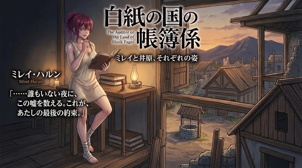木の窓から夕焼けの村と井戸が見える部屋。赤い髪を結んだ若い女が白い薄手の服で机に腰かけ、開いた革の帳面を読みながらペンを口元に当てている。机には灯りと印章と積んだ帳面。右足首に布。題字『白紙の国の帳簿係』と『ミレイと井原、それぞれの姿』。