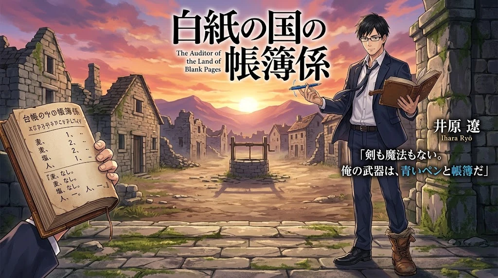 夕焼けの空の下、石積みの廃村の広場に立つ黒髪眼鏡の男。スーツ姿で右手に青いペン、左手に開いた革の台帳を持つ。手前左には『麦、なし。塩、なし。人、一。』と書かれた台帳を持つ手。中央に井戸、奥に崩れた石の家々と山並み。題字『白紙の国の帳簿係』。