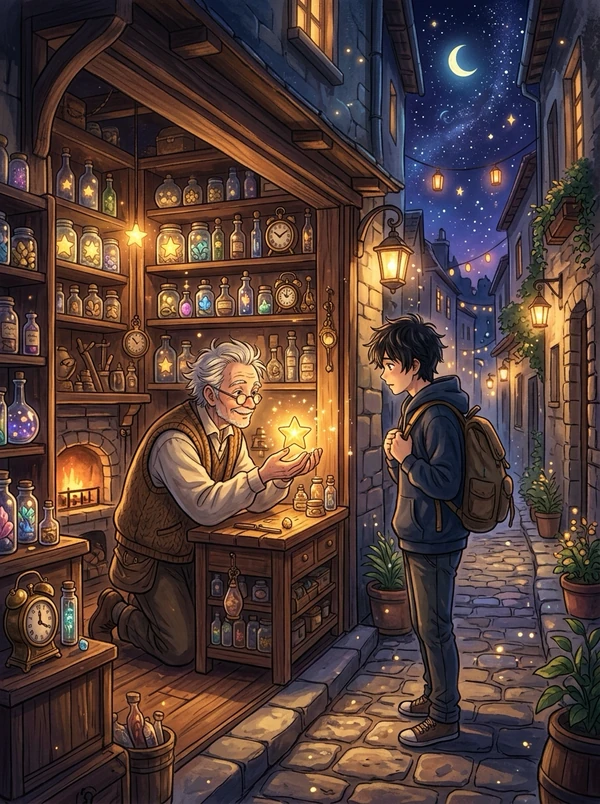 石畳の狭い路地に面した小さな店。棚いっぱいに光る小瓶が並び、カウンターの奥で白髪に眼鏡の老人が両手に乗せた金色の星を差し出している。手前には黒髪でリュックを背負った青年が立ち、星を見つめている。空には三日月と星、店先にランプ。