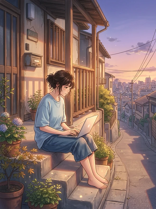 薄紫の夕空の下、坂道に建つ古い木造の貸家の玄関。コンクリートの階段に、黒髪をまとめた女性が水色のTシャツとデニム姿で裸足のまま座り、膝の上に開いたノートパソコンを見ている。階段の脇に紫陽花の鉢植え、坂の向こうに街の屋根が続く。