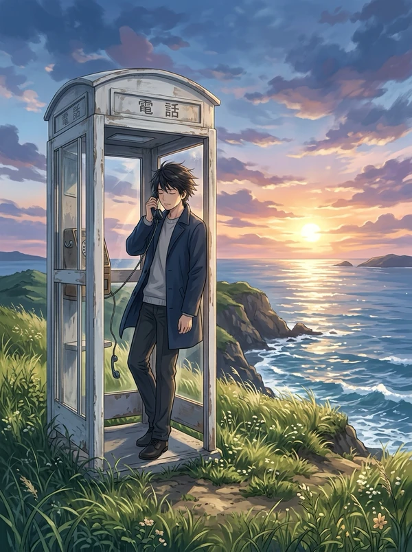 海に面した草の丘の上に、扉の開いた白い古い電話ボックスが立っている。中で黒髪の青年が紺のコート姿で受話器を耳に当て、うつむき加減に外を見ている。背後には夕日が水平線に沈む海と、岩に砕ける波、雲の広がる空。
