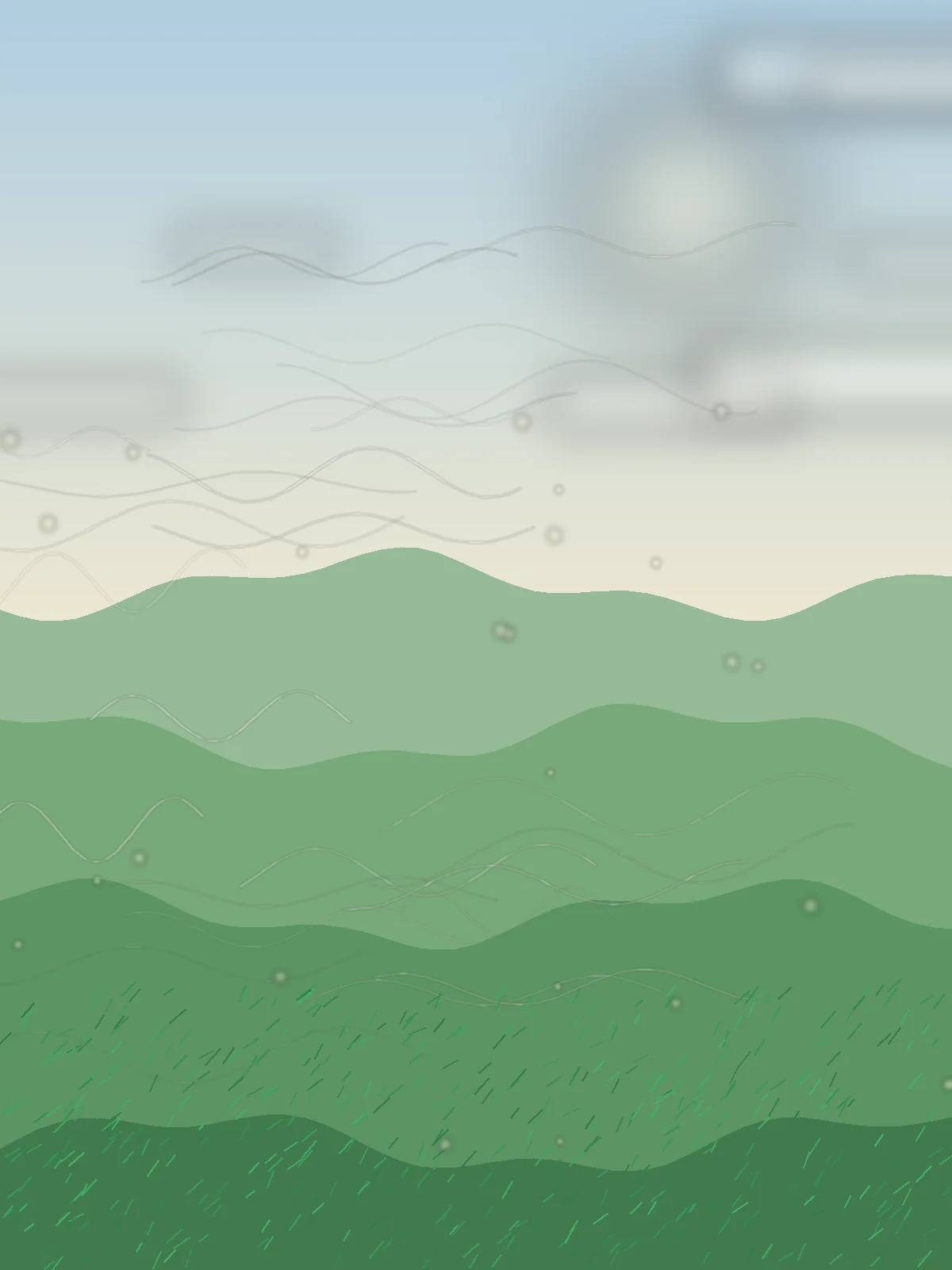 青緑のグラデーションが重なる草原の丘。空には淡い雲が浮かび、白い曲線状の風の筋が丘と空を横切っている。手前の草地には細かい草の質感と光の粒が散っている。