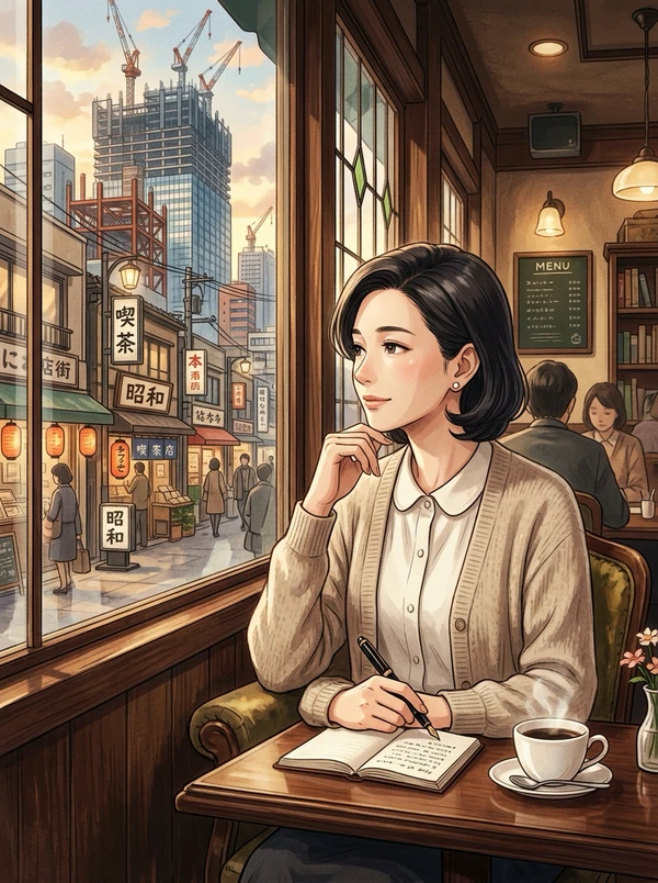 木枠の大きな窓のある喫茶店の席。黒いショートヘアの女性がベージュのカーディガンと白い丸襟のブラウス姿で、右手にペンを持ち、左手で頬杖をついて窓の外を見ている。テーブルにはノートとコーヒー。窓の外には建設中の高層ビルのクレーンと、「喫茶」「昭和」と書かれた古い看板の並ぶ商店街。