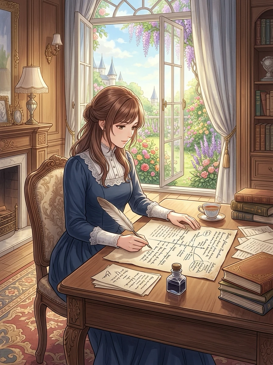 西洋風の屋敷の一室、春の朝。栗色の髪を結い、白い襟の付いた濃紺のドレスを着た若い女性が、木の机に向かって羽ペンを持ち、広げた大きな紙に箇条書きのような行を書き込んでいる。机にはインク壺、紅茶の器、積まれた本。左に暖炉、右の開いた窓から藤の花と庭、遠くに塔が見える。