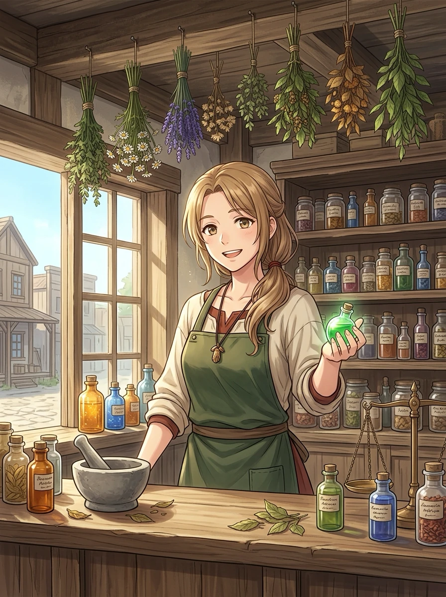木造の薬屋の店内。天井の梁から、乾かした薬草の束が何束も吊り下がっている。カウンターの奥に、亜麻色の髪を後ろで結び、麻の服に緑のエプロンを着けた若い女性が立ち、右手に緑色の液体の入った小瓶を持って微笑んでいる。背後の棚に色とりどりの小瓶、手前に白い乳鉢と乳棒、左の窓の外に街道の街並み。