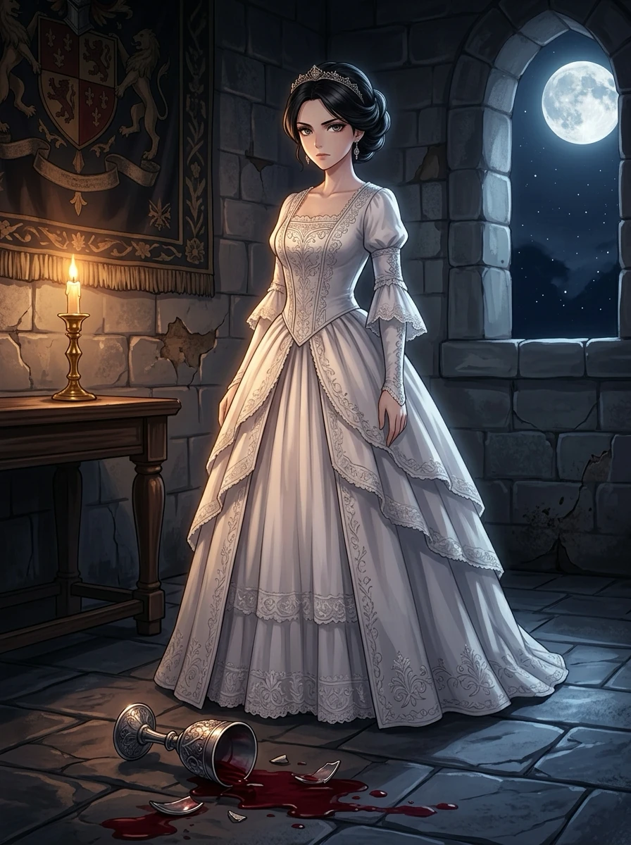 中世風の石壁の部屋。黒髪を結い上げ、白いレースの婚礼衣装を着た若い女性が正面を向いて立っている。足元の石床に銀の杯が横倒しになり、赤い酒が広がっている。左手前の木の台に火の灯った燭台、背後の壁に紋章の織物、右奥のアーチ窓から満月が見える。