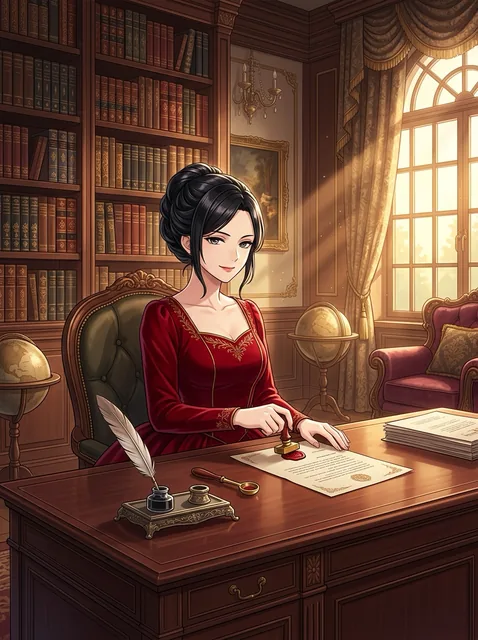 西洋風の屋敷の書斎。黒髪を結い上げ、深紅のビロードのドレスを着た女性が、大きな木の机に向かって座り、落ち着いた表情でこちらを見ている。机の上に羽ペンとインク壺、封蝋を押した一枚の書類、左手前に書類の束。背後は天井まで届く本棚で、右の大きな窓から午後の光が差している。