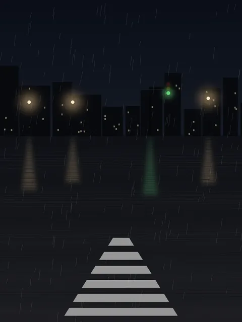 雨に濡れた夜の交差点。奥にビル群のシルエットと信号機、複数の街灯が立ち、その光が濡れた路面に縦に伸びて反射している。手前には横断歩道の白線と斜めに降る雨筋が見える。