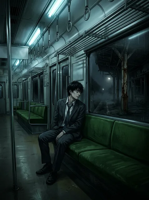 蛍光灯の青白い光に照らされた夜の電車の車内。緑色の座席に、ネクタイを緩めたスーツの黒髪の男性が一人だけ座り、窓の外を横目で見ている。窓の向こうには朽ちかけた薄暗いホームと、ぽつんと一つの灯り。