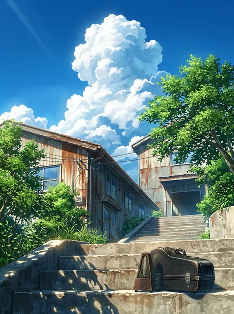抜けるような青空に大きな入道雲。緑の木々に囲まれた、錆びたトタン壁の古い木造の建物へ続くコンクリートの石段。手前の段の上に、黒い楽器ケースが一つ置かれている。人の姿はない。