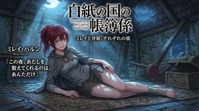 月明かりの差し込む荒れた石造りの部屋で、赤い髪を後ろで結んだ若い女が、古い絨毯の上に横向きに寝そべっている。灰色の破れた外套と短い上着、右足首に布。奥に倒れた椅子と古い木箱。題字『白紙の国の帳簿係』と『ミレイと井原、それぞれの姿』。