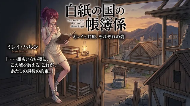 木の窓から夕焼けの村と井戸が見える部屋。赤い髪を結んだ若い女が白い薄手の服で机に腰かけ、開いた革の帳面を読みながらペンを口元に当てている。机には灯りと印章と積んだ帳面。右足首に布。題字『白紙の国の帳簿係』と『ミレイと井原、それぞれの姿』。
