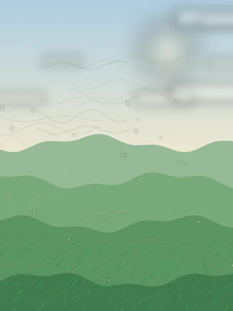 青緑のグラデーションが重なる草原の丘。空には淡い雲が浮かび、白い曲線状の風の筋が丘と空を横切っている。手前の草地には細かい草の質感と光の粒が散っている。