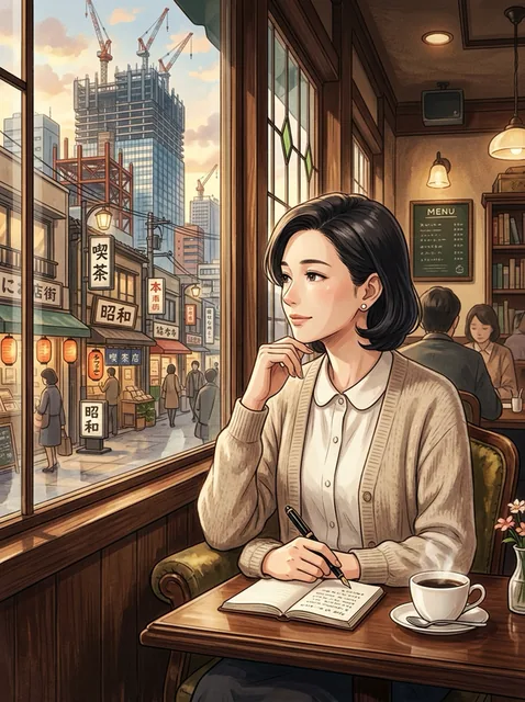 木枠の大きな窓のある喫茶店の席。黒いショートヘアの女性がベージュのカーディガンと白い丸襟のブラウス姿で、右手にペンを持ち、左手で頬杖をついて窓の外を見ている。テーブルにはノートとコーヒー。窓の外には建設中の高層ビルのクレーンと、「喫茶」「昭和」と書かれた古い看板の並ぶ商店街。