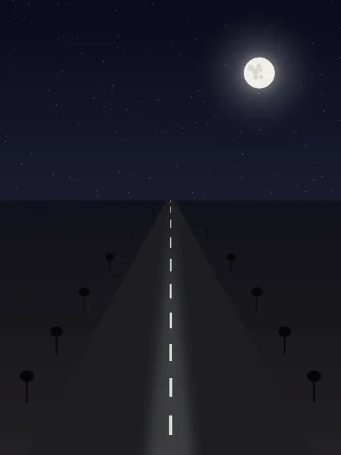 満月が輝く夜空の下、地平線の消失点へ向かって真っ直ぐ伸びる一本道。中央に破線のセンターラインがあり、道の両脇に並木のシルエットが並ぶ。空には星が散らばっている。