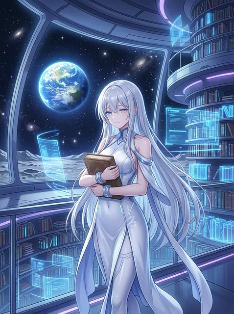 月面に建つ図書館の内部。丸い大きな窓の向こうに青い地球と星空が見える。白い長い髪に青い目の女性が、白い長衣姿で古い革の本を両手で胸に抱き、穏やかに微笑んでいる。周囲には本の並ぶ白い書架と、青く光るホログラムの画面。