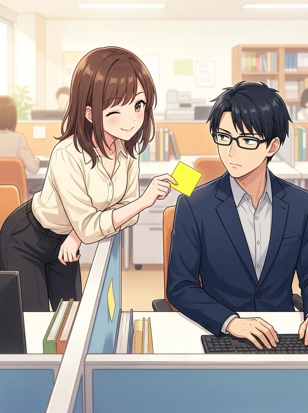 明るいオフィス。低いパーティションに身を乗り出した茶色い髪の女性が、ベージュのブラウス姿で片目をつぶって微笑み、指先に黄色い付箋を挟んで差し出している。隣の席では眼鏡をかけた黒髪の男性が紺のジャケットでキーボードを打ちながら、横目でその付箋を見ている。