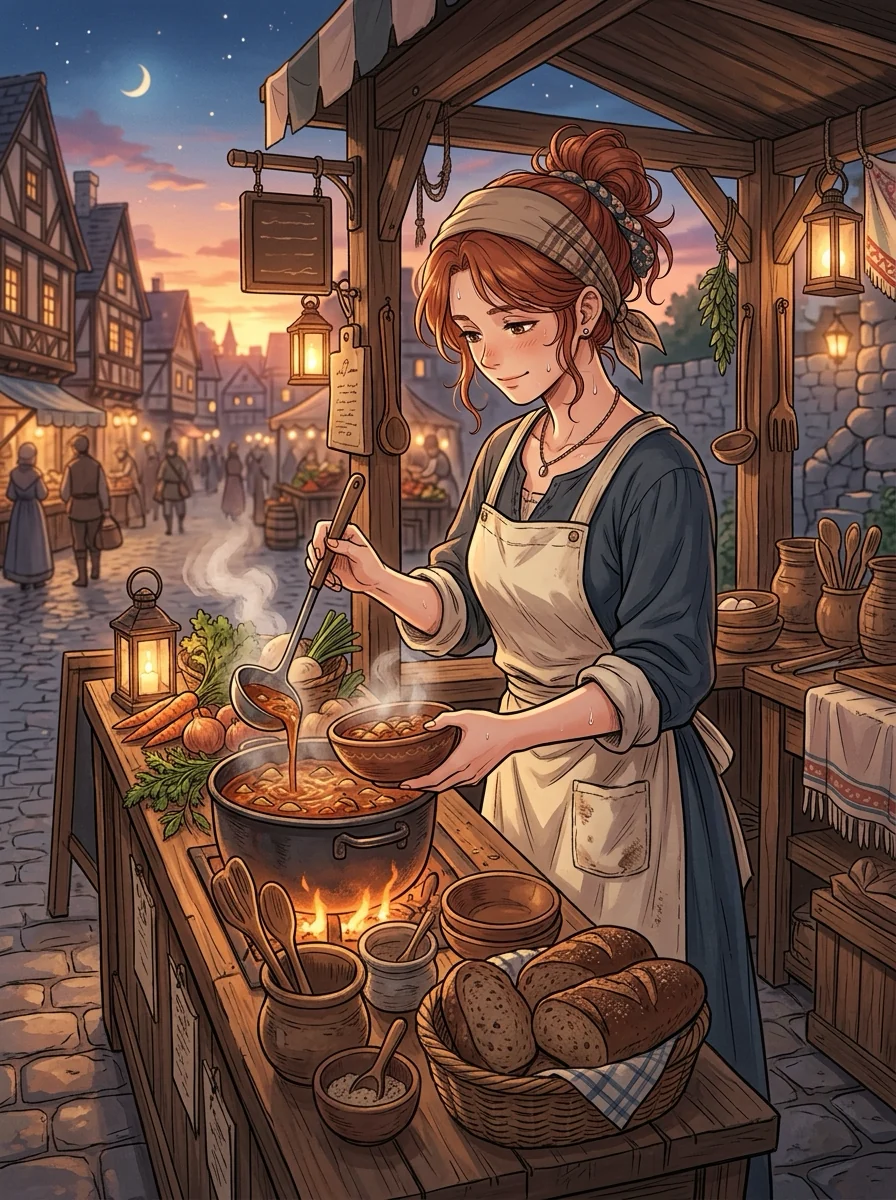 夕暮れの中世風の街角。木の屋台の奥で、赤茶色の髪をまとめた前掛け姿の女性が、火にかけた鍋からおたまでスープを器によそっている。屋台の板には黒パンの籠と野菜、手前にランプ。背後に石造りの家並みと行き交う人影。