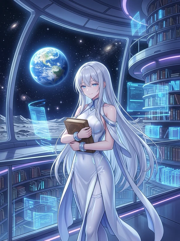 月面に建つ図書館の内部。丸い大きな窓の向こうに青い地球と星空が見える。白い長い髪に青い目の女性が、白い長衣姿で古い革の本を両手で胸に抱き、穏やかに微笑んでいる。周囲には本の並ぶ白い書架と、青く光るホログラムの画面。