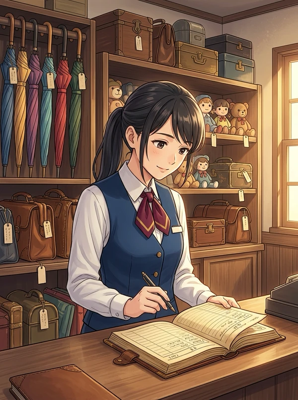 木の棚に、色とりどりの傘、革の鞄、トランク、くまのぬいぐるみが札を付けて並ぶ忘れ物センター。カウンターで、黒髪をポニーテールにした女性が白いシャツに青いベスト、赤いリボンの制服姿でペンを持ち、開いた目録帳に書き込みながら微笑んでいる。