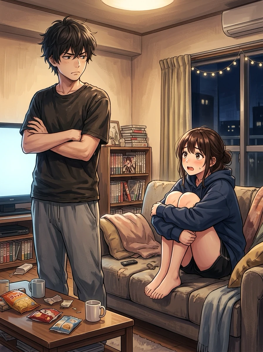 夜のアパートの居間。黒いTシャツにスウェットの男が腕を組んで拗ねた顔で立ち、紺のパーカーにショートパンツの女がソファで膝を抱えて「しまった」という顔をしている。テレビの光、本棚、卓上の菓子とマグカップ。