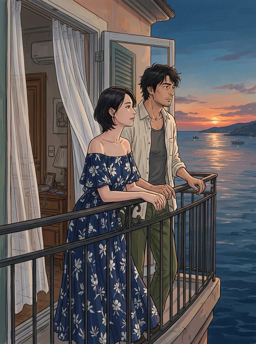 海辺の古いホテルの一室。開いたバルコニーの扉からカーテンが夕風に揺れ、夕焼けの海を背に、肩の出た花柄のワンピースの女と、白い開襟シャツにタンクトップの男が手すりに並び、女が男の顔を見上げている。