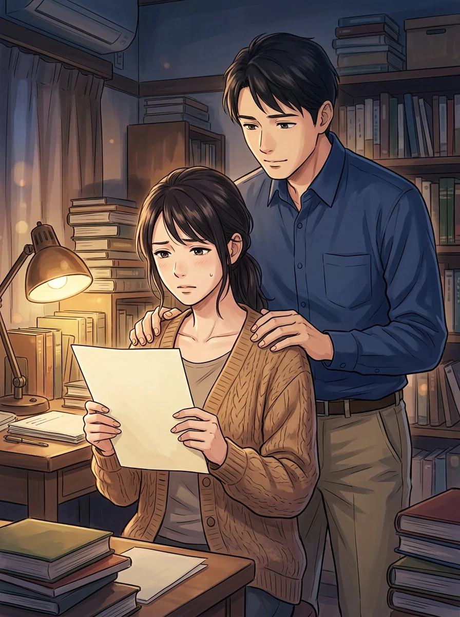 古書店の二階、本が積まれた夜の小部屋。卓上ランプの下でカーディガンの女が書類を手に困った顔をし、青いシャツの男が後ろから穏やかな顔で女の両肩にそっと手を置いている。