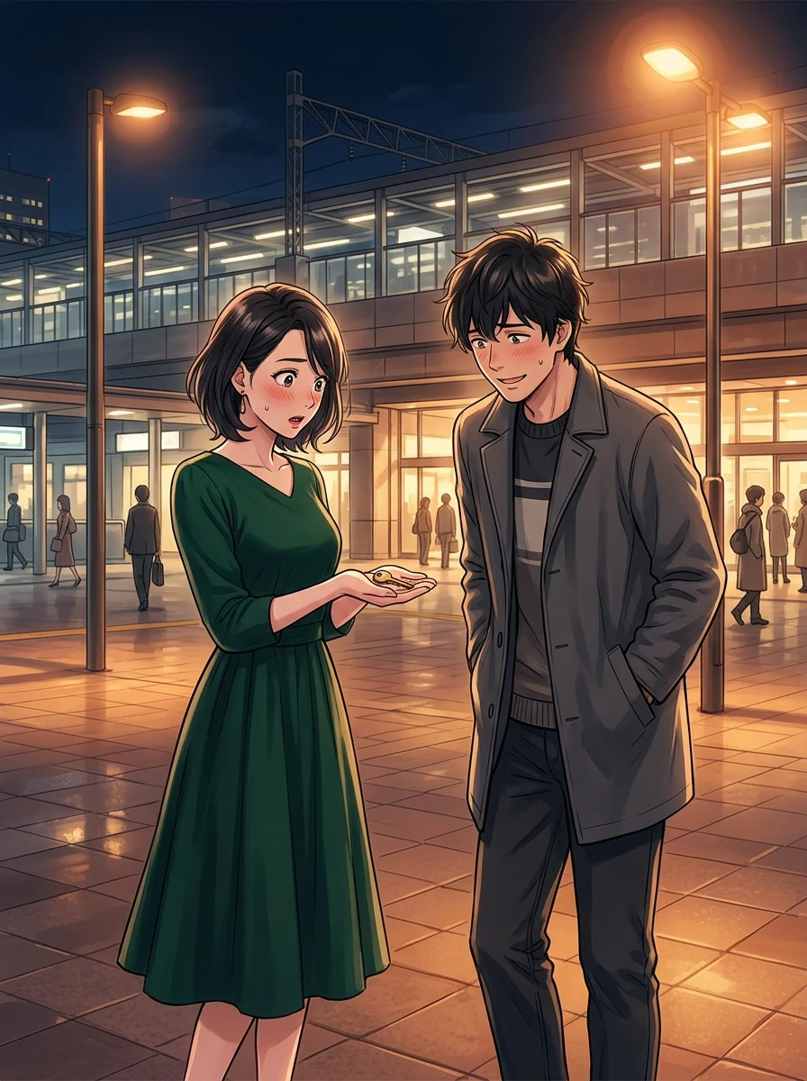 夜の駅前。街灯と駅舎の明かりの下、緑のワンピースの二十代の女が手の上の鍵を見て驚き、同い年くらいの男がポケットに手を入れて照れ笑いをしている。