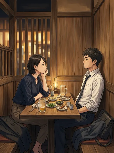 深夜の居酒屋の個室。空いたジョッキと小皿、置き忘れた上着。紺のブラウスの袖をまくった女が頬杖をつき、ネクタイを緩めた白シャツの男が壁にもたれて、二人だけになった卓越しに目を合わせている。