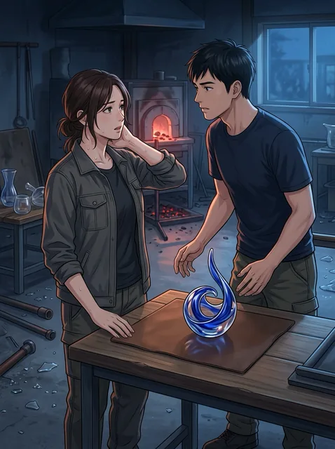火を落とした夜のガラス工房。赤い残り火の前で、髪を下ろして首筋の汗を拭う作業着の女に、紺のTシャツの男が真剣な顔で一歩近づく。二人の間の卓には青い渦を巻いたガラス作品。