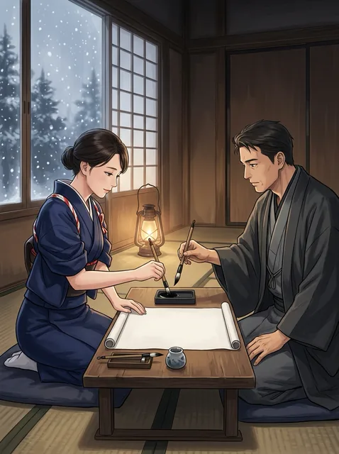 冬の夜の畳の稽古場。障子に雪の光、硯と灯り。襷で袖を上げた藍の着物の女が筆を運び、向かいの和装の男が筆を止めて彼女の指先を見ている。