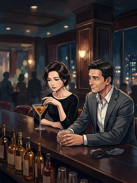 ホテルのバー。黒いドレスの三十代の女がカクテルのグラスを指で回し、隣にネクタイを外したスーツの男が座って苦笑いしている。背景に夜景とぼやけた客。