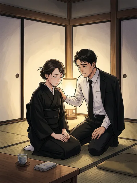 夜の和室。黒い喪服の三十代の女が正座して涙を落とし、黒いスーツの男が隣に膝をついて肩に手を添えている。行灯の明かり。
